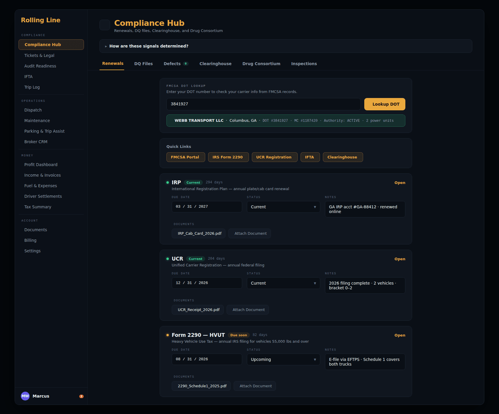 Compliance hub tracking DVIR, driver documents, and renewal due dates